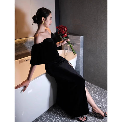 Evening dress Women New wedding Party Dresses Maxi Long Dress Elegant Dress short-sleeve formal dress with black slit dress