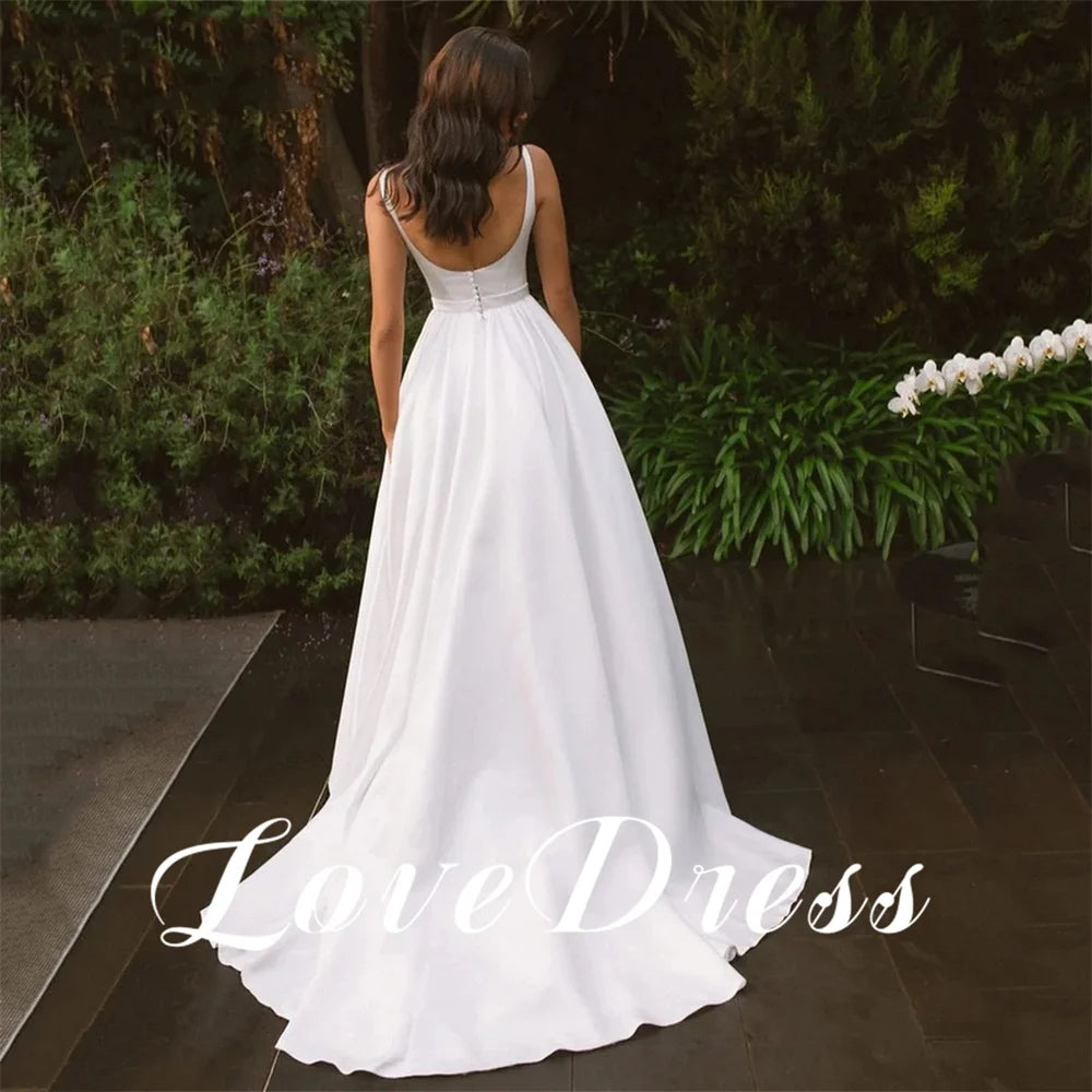 Love Elegant Pastoral A-Line Spaghetti Stain Square Collar Wedding Dresses Sleeveless Floor Length Bridal Gowns Vestido de novia