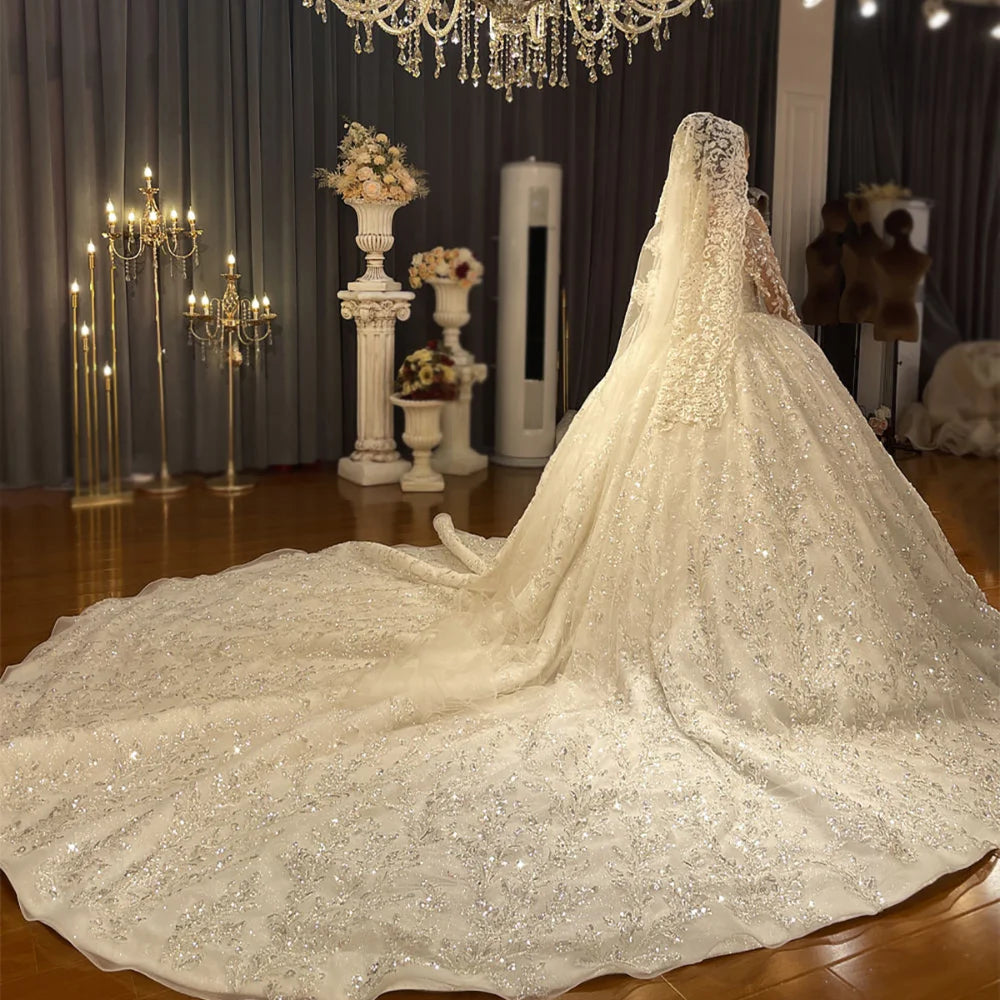 Gorgeous  A-Line Wedding Dress For Women Appliques Sequins Bridal Gown O-Neck Skirt Court Train Long Sleeves Dresses