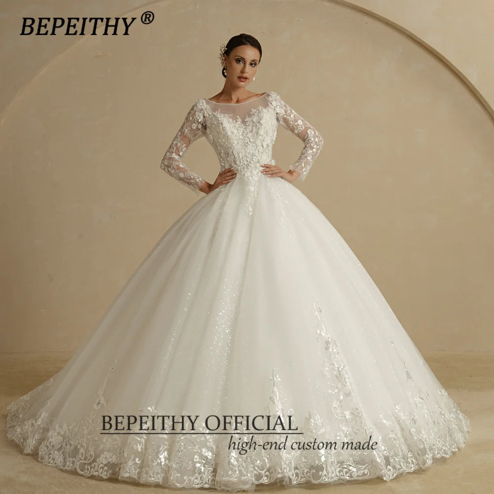 BEPEITHY Scoop Ivory Lace Flower Wedding Dresses For 2023 Bride Princess Full Sleeves White Glitter Bridal Ball Gown Open Back