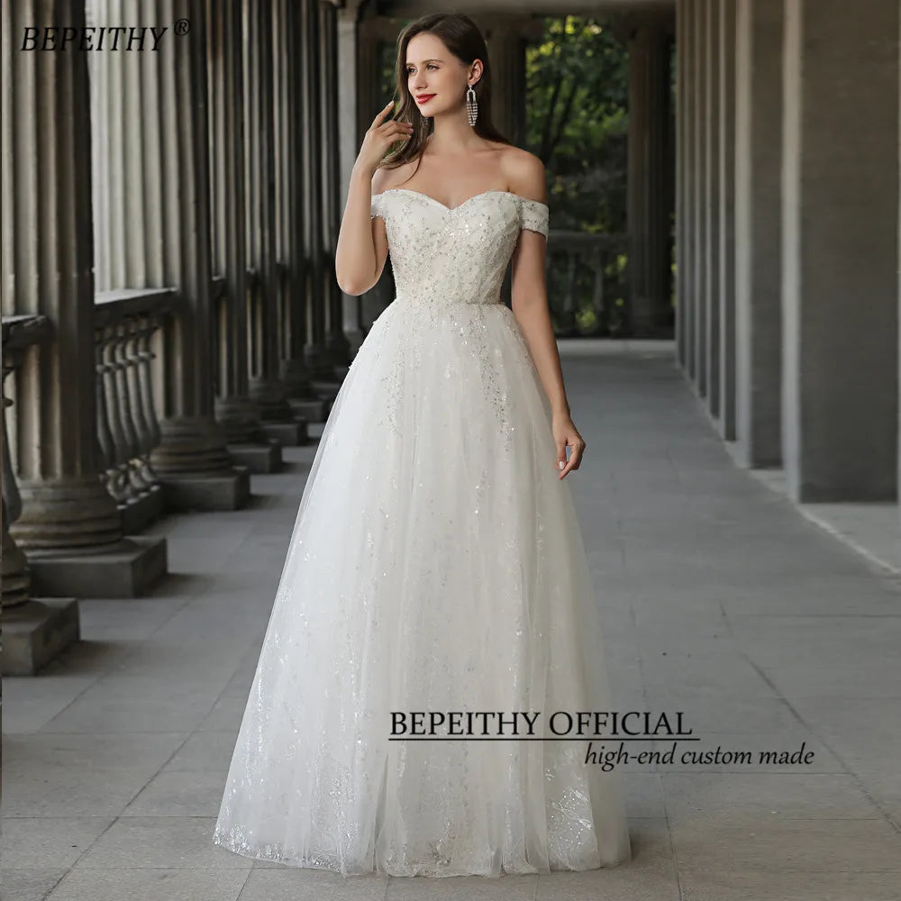 BEPEITHY Glittler Lace Ivory Wedding Dresses For Women 2023 Sleeveless Off The Shoulder Luxury Floor Length Bride Bridal Gown