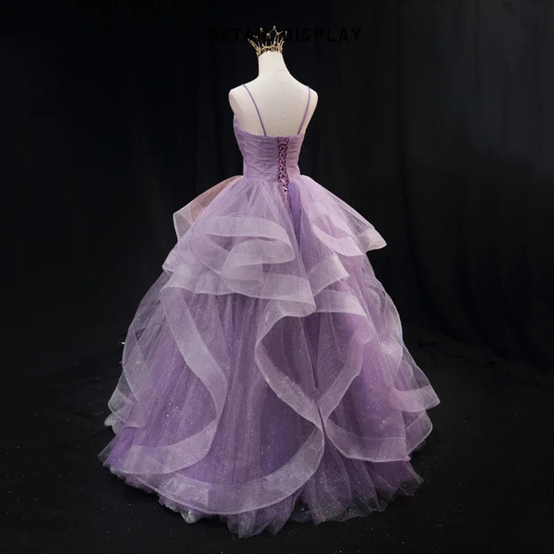 Robe de soirée violette en tulle plissé sans bretelles, sans manches, longueur au sol, grande taille, à lacets, robe de soirée pour femmes B2155