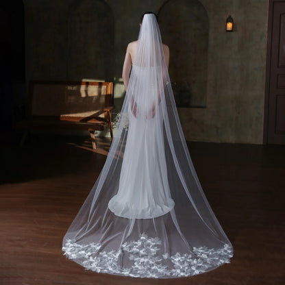 V859 White Cathedral Wedding Bridal Veil for Wedding Dress One-Layer Tulle Lace Appliqued Chapel Brides Long Headdress Veil