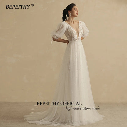 BEPEITHY Real Image Sexy Wedding Dresses For Women 2023 Bride Luxury Pearls Half Sleeves Beach Boho Bridal Party Gown Open Back