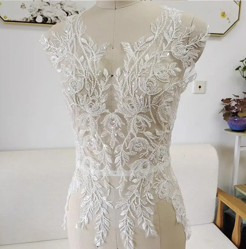 Apliques de encaje con lentejuelas y cuentas de 65*48 cm para vestido de novia, flores en 3D, tocado de novia, cuello de encaje, parche de tela de encaje RS4187