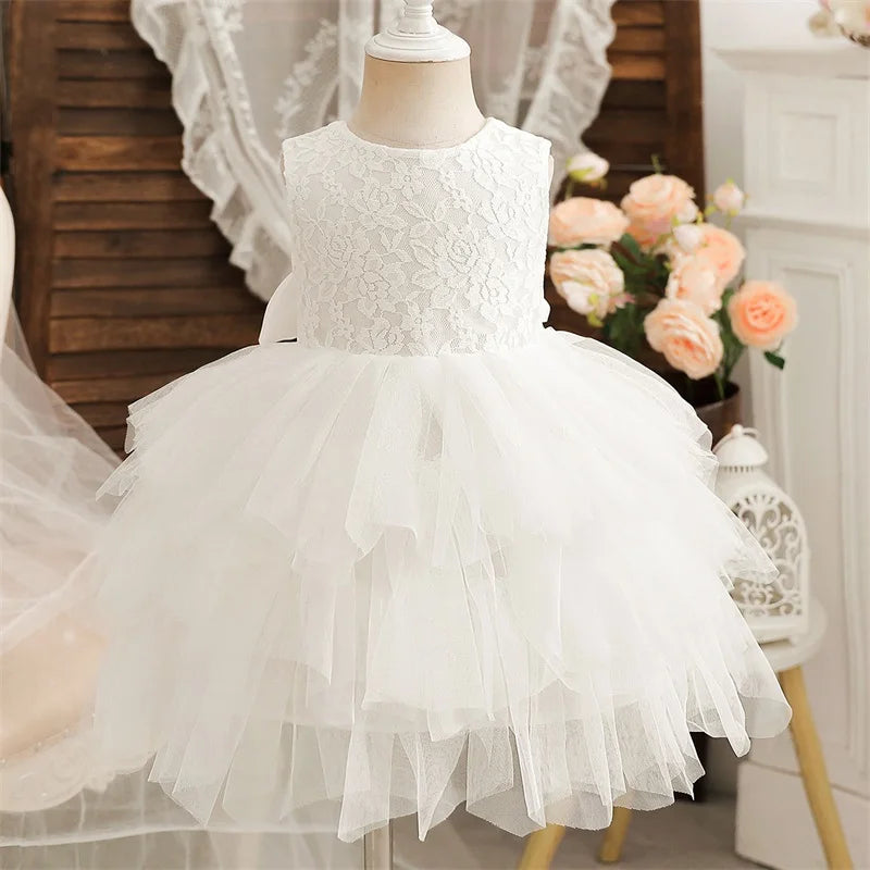 Flower Girl Dresses for Wedding Kids Lace Backless Tulle Tutu  Princess Prom Party Clothes Baby 1st Birthday Baptism White Dress