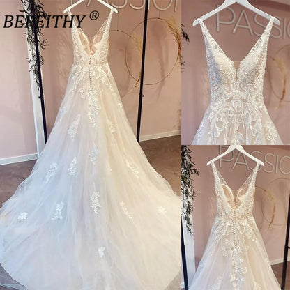 BEPEITHY Champagne Backless A Line Boho Bride Wedding Dresses Spaghetti Straps Sleeveless Summer Pleats Lace Bridal Gown 2023