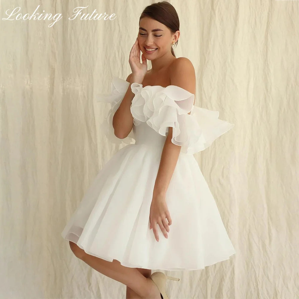 Civil Short Boho Wedding Dresses Off The Shoulder Tiered Ruffles Puffy Mini Wedding Party Gowns For Bride Robes De Mariage 2024