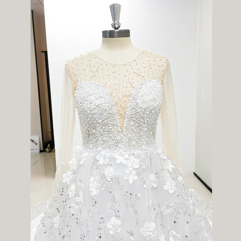 Robe de mariée de luxe en cristal, robe de mariée en dentelle transparente à manches longues, robe de mariée grande taille avec appliques 3D