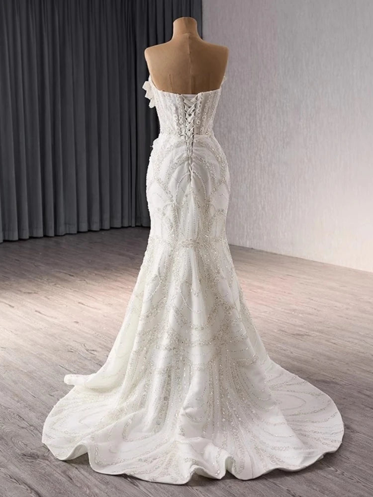 Robe de mariée de luxe mexicaine en forme de sirène avec traîne longue amovible et perles en cristal 2025