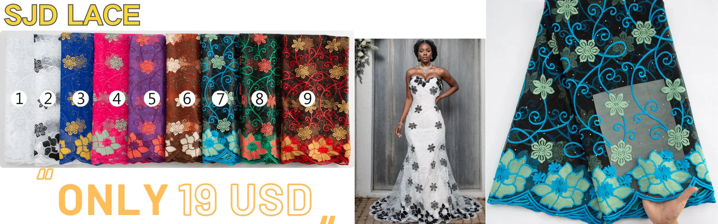 Tela de encaje africano SJD LACE de 5 yardas, tela de encaje de gasa suiza de algodón nigeriano con piedras para vestido de fiesta de boda para hombres A2971