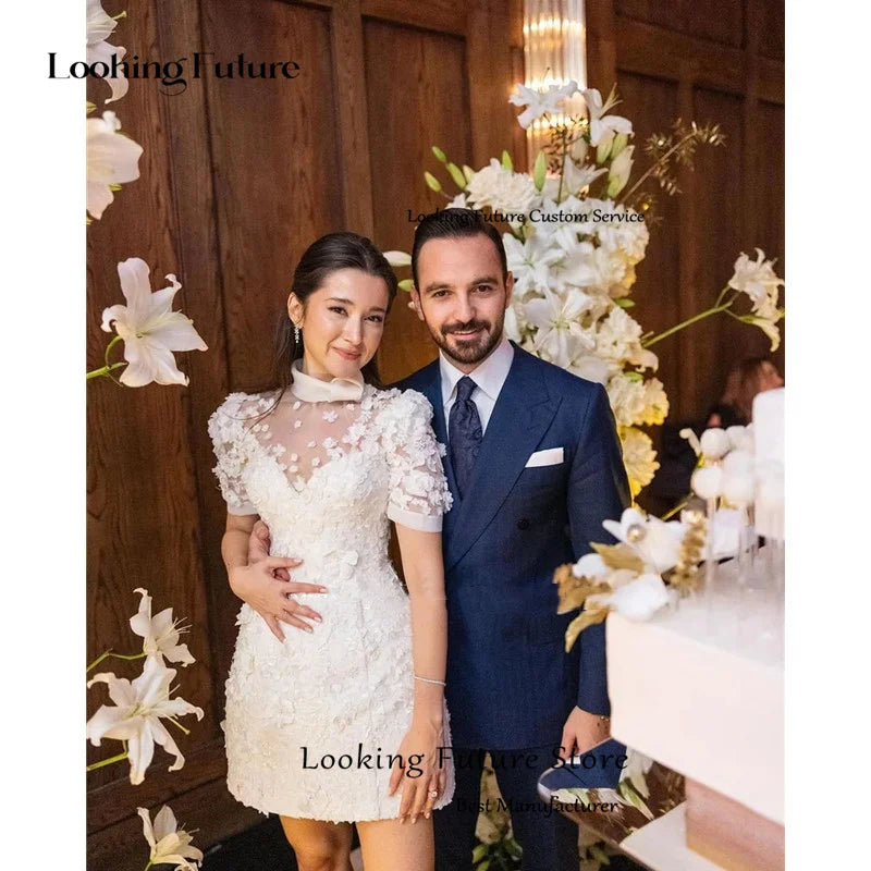 Elegant Mini Sheath Wedding Dress Simple Appliques Sequined Short Sleeves Pleated High Neckline Flowers Short Wedding Gown 2024