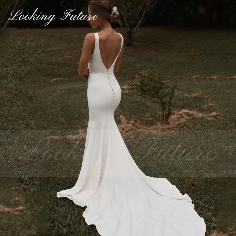 Robe de mariée simple en satin A Line Halter sans manches Robe de mariée longue blanche pour femme Bouton dos ouvert robes de mariée 2024