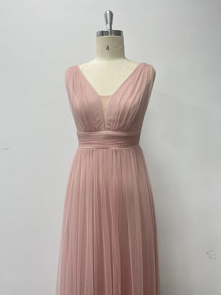 Robe de soirée élégante en tulle sans manches à col en V pour femme, nouvelle collection, coupe trapèze, en gaze moelleuse, robe de soirée de demoiselle d'honneur de mariage