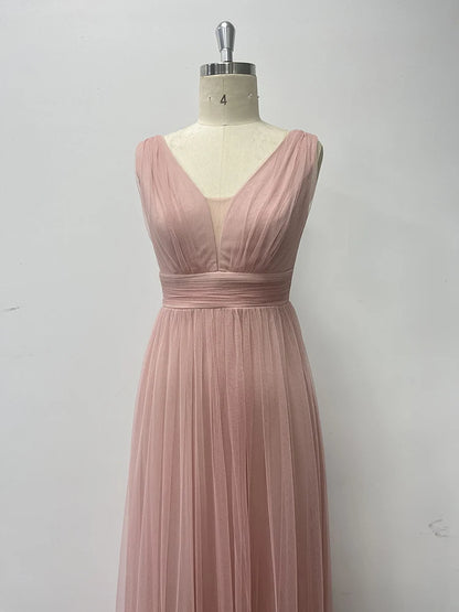 Robe de soirée élégante en tulle sans manches à col en V pour femme, nouvelle collection, coupe trapèze, en gaze moelleuse, robe de soirée de demoiselle d'honneur de mariage