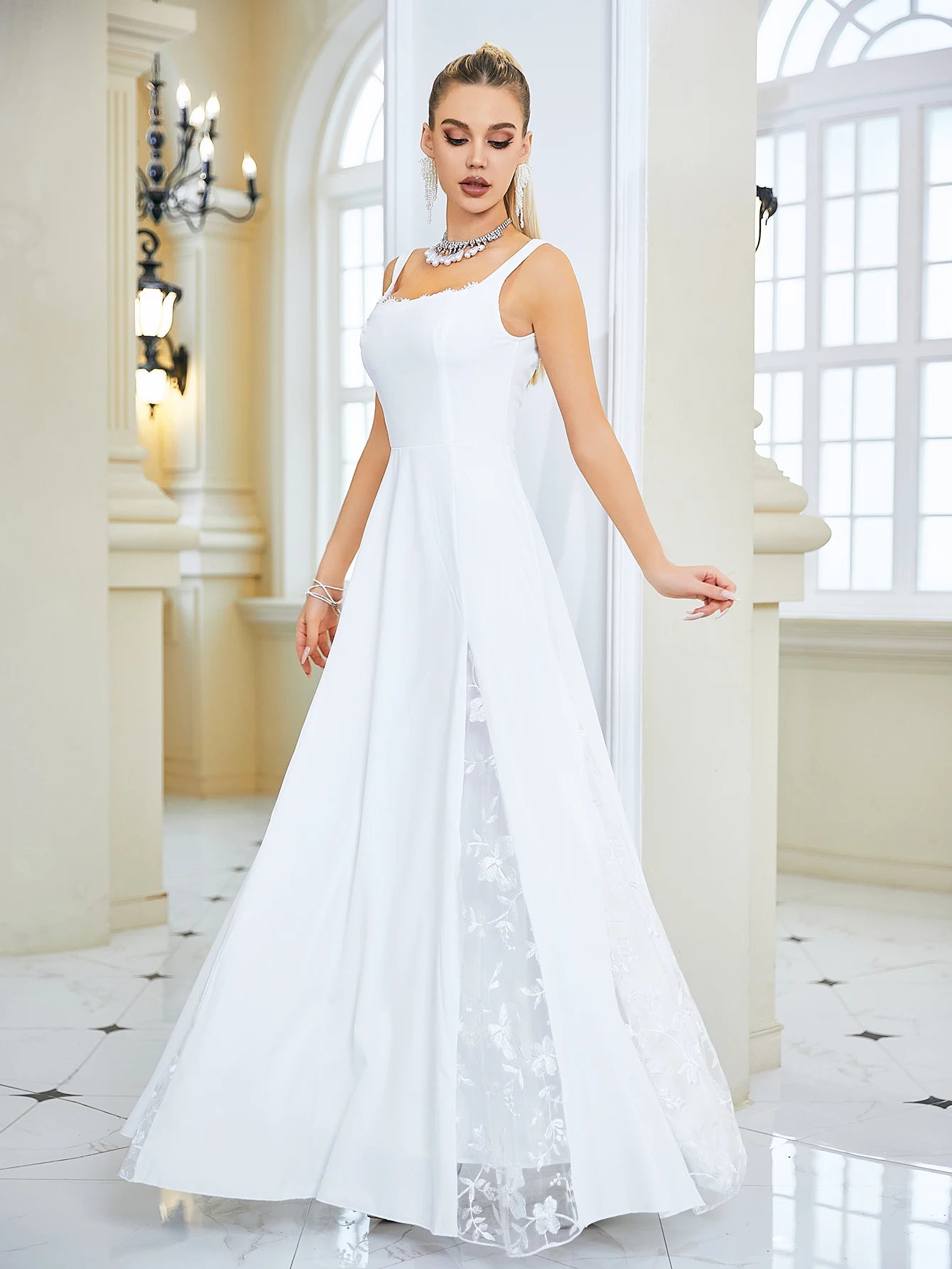 Vestido de novia de encaje blanco sexy para mujer, vestido largo con tirantes, sin mangas, escote cuadrado en la espalda, vestido de dama de honor formal de corte entallado para fiesta