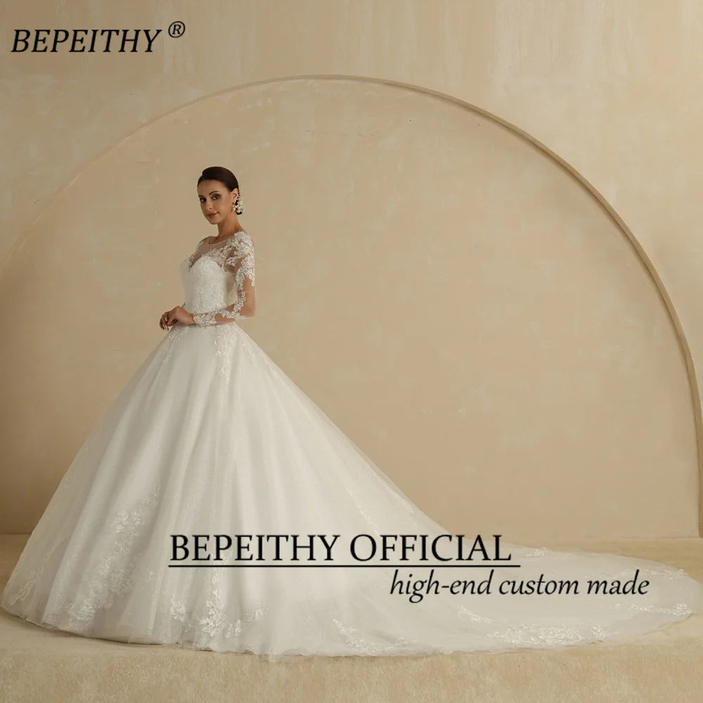 BEPEITHY Exquisite Ivory Scoop Wedding Dresses 2022 For Women Full Sleeves Chapel Train Vintage Dropped Lace Ball Bridal Gown