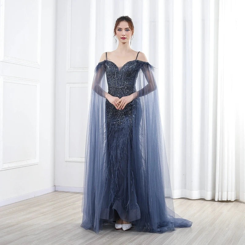 Hot Sale Navy Blue Mermaid Sexy Off Shoulder Beaded Feathers Cover Luxury Evening Dresses Gowns For Women Wedding Party 2024