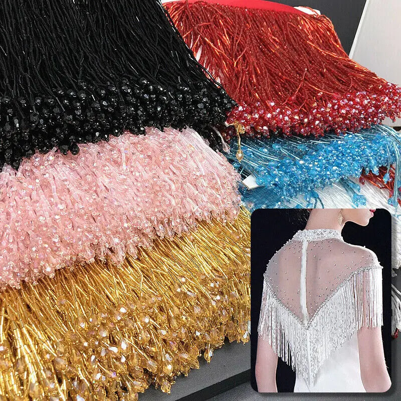 1yard Crystal Glass Pendant Beaded Lace Trim Tassel Fringe DIY Stage Costumes Curtain Wedding Dress Trimming Beading Accessories