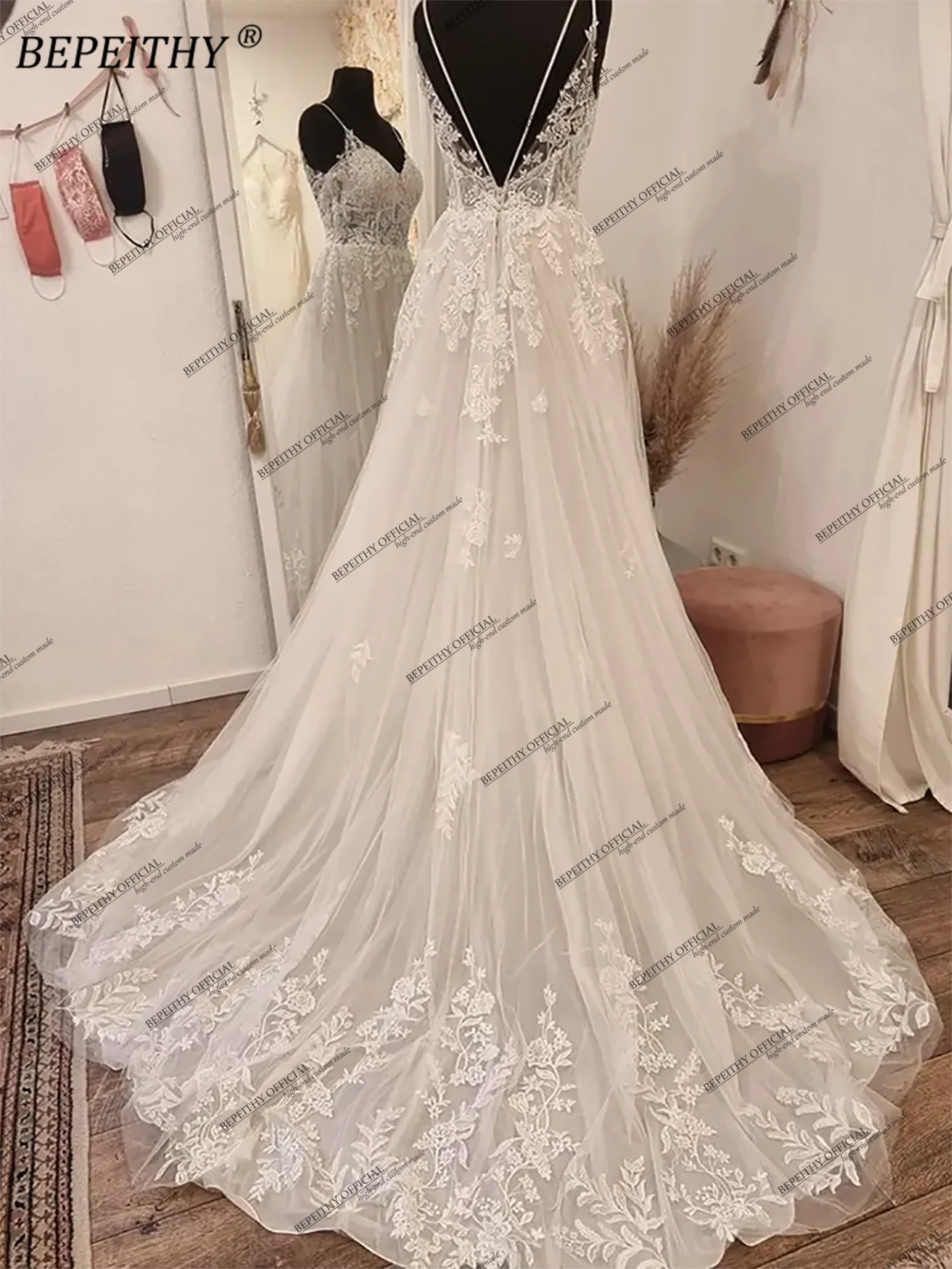 BEPEITHY V Neck A Line Lace Wedding Dresses For Women 2023 Sexy Backless Boho Beach Sweep Train Bride Ivory Bridal Party Gown