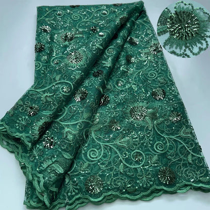 Tela de encaje de malla francesa con lentejuelas verdes 2024, tela de encaje de tul africano de lujo de alta calidad, red nigeriana para vestido de novia A3846