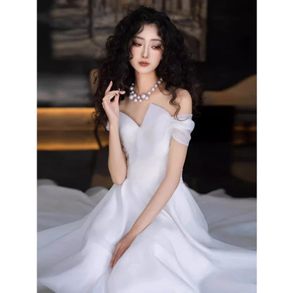 A-line Satin Wedding Dress off the shoulder Sheer Back Short-Sleeve Plus Size For Women Princess Robe de Mariee