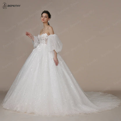 BEPEITHY Princess Strapless Ivory Glitter Wedding Dresses 2023 For Women Court Train Bride 3D Flower Romantic Shinny Bridal Gown