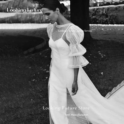 Simple White Wedding Dress Sexy Two Pieces Sheath Spaghetti Straps Elegant Dresses Dotted Tulle Cloak Half Bubble Sleeveless2024