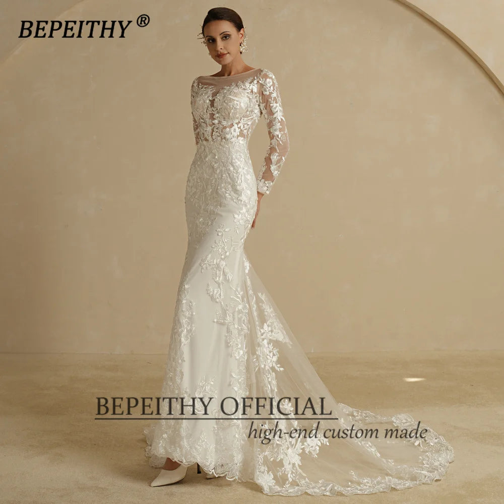 BEPEITHY Robes de mariée sirène en dentelle 2022 Manches trois-quarts Col bateau Vintage Boho Bride Court Train Robe de soirée de mariée Nouveau