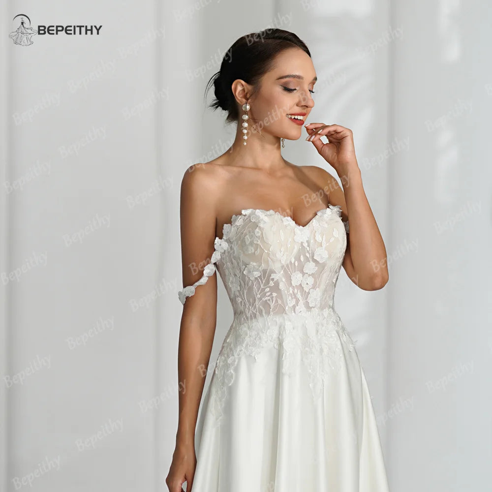 BEPEITHY Sweetheart Ivory A Line Robes de mariée 2023 pour femmes sans manches épaules dénudées Boho Ivoire mariée robe de mariée en satin 2024