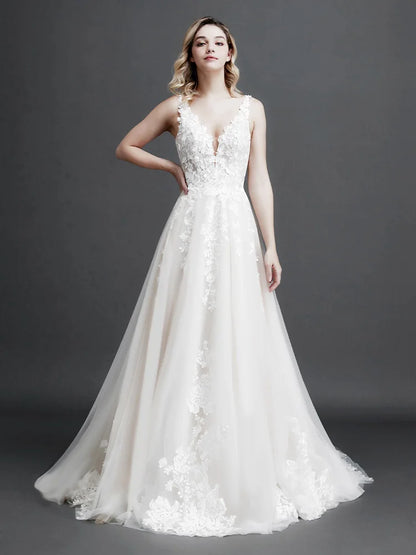 Robe de mariée élégante en dentelle A-Line pour femme, coupe ajustée, col en V, dos nu, robe de mariée, nouvelle collection 2024, robe de soirée avec appliques de fleurs 3D