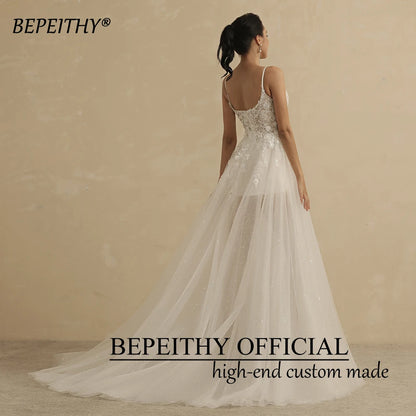 BEPEITHY Light Beach Wedding Dresses High Slit For Women Sexy Deep V Neck Sleeveless Bride Ivory Party Boho Bridal Gown 2023