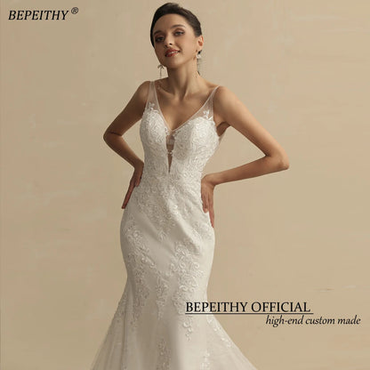 BEPEITHY Real Image Mermaid Lace Wedding Dresses For Women Court Train Sleeveless V Neck Open Back Sexy Vintage Bridal Gown