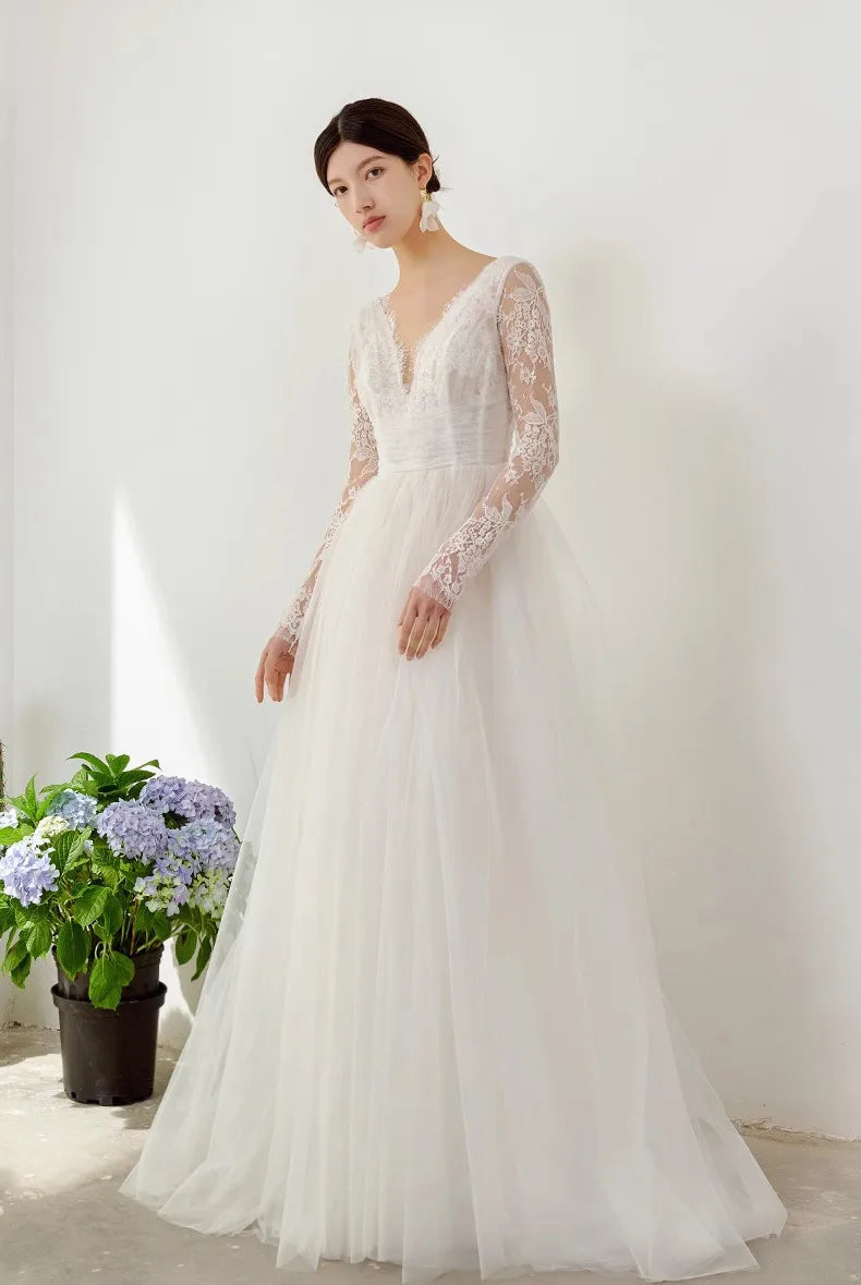 Wedding Dresses strapless Vestido De Noiva Elegant lace A-line long-sleeve plus size V-neck ball gown zipper