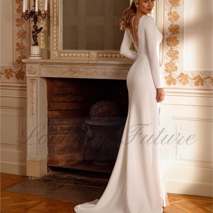 Robe de mariée longue en dentelle et perles en satin à manches longues pour femme, avec pompon brillant, fente latérale, bouton, dos ouvert