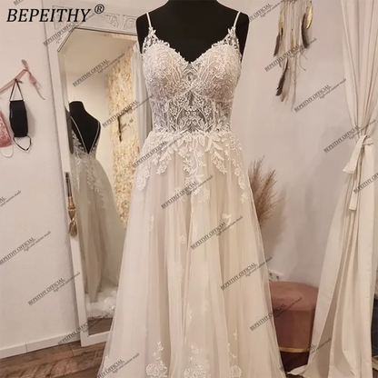 BEPEITHY V Neck A Line Lace Wedding Dresses For Women 2023 Sexy Backless Boho Beach Sweep Train Bride Ivory Bridal Party Gown