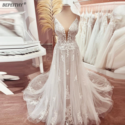 BEPEITHY Champagne Backless A Line Boho Bride Wedding Dresses Spaghetti Straps Sleeveless Summer Pleats Lace Bridal Gown 2023