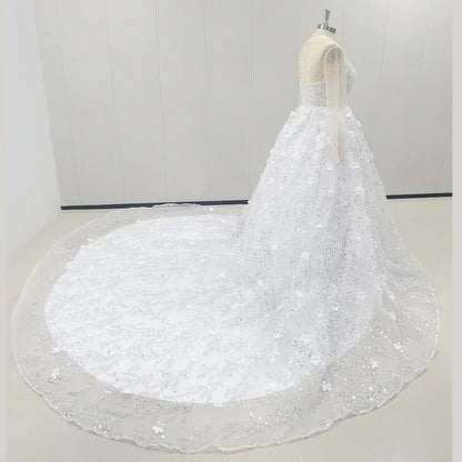 Robe de mariée de luxe en cristal, robe de mariée en dentelle transparente à manches longues, robe de mariée grande taille avec appliques 3D