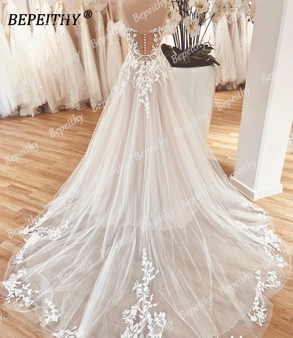 BEPEITHY Romantic A Line Lace Wedding Dresses Sweetheart Sweep Train Short Sleeves Modern Bride Ivory Bridal Gown For Women 2023