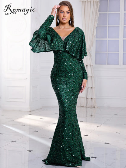 Romagic V Neck Wedding Party Dress Full Sleeve With Cape Elegant Women Evening Gown Sexy Dresses 2024