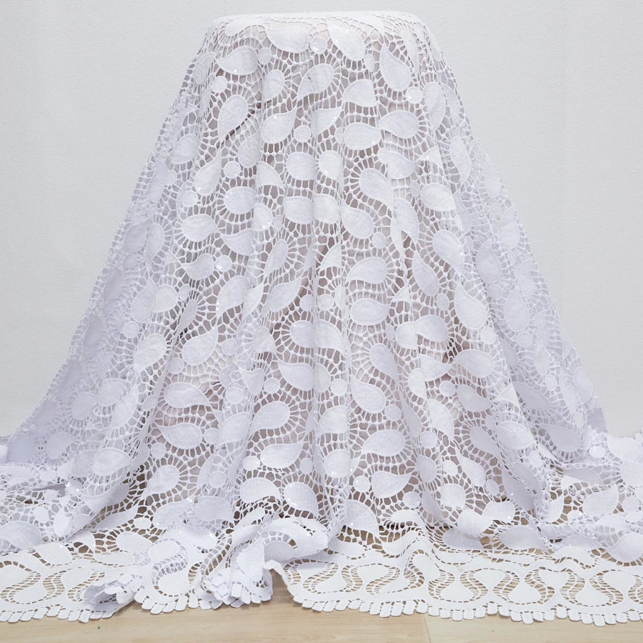 SJD LACE - Tela de encaje con cordón de guipur africano con lentejuelas blancas, 2024, nuevo encaje soluble en agua para vestido de novia nigeriano para mujer, costura A3903