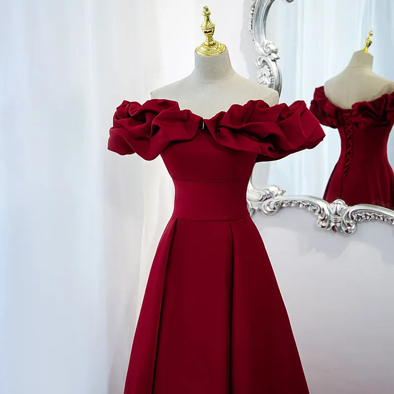 New Evening Dress Elegant Boat Neck Lace Up Floor-Length Off The Shoulder A-Line Burgundy Satin Party Formal Dresses Woman B1540