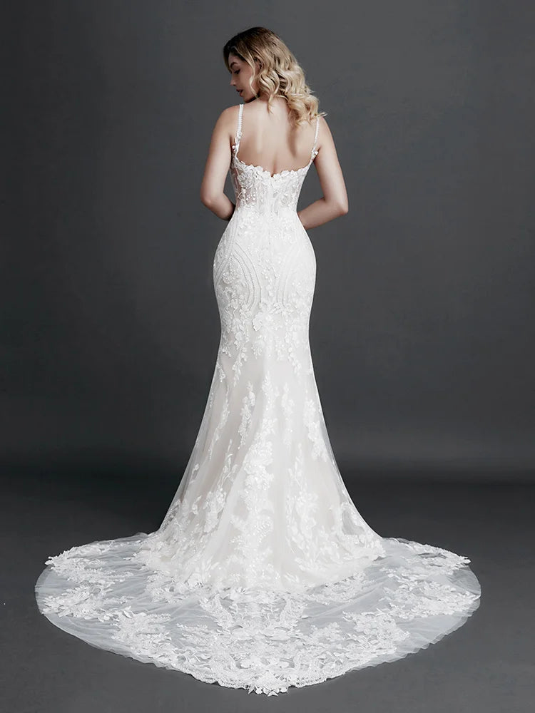 Robe de mariée sirène bohème pour femme, fleurs 3D, appliques de perles, décolleté en V profond, sans manches, dos nu, sexy, slim, ligne A, longues robes