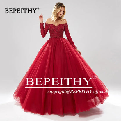 BEPEITHY Robe de soirée à manches longues sans bretelles, élégante, pour bal de promo, Quinceanera, pour femmes, occasion formelle, 2023