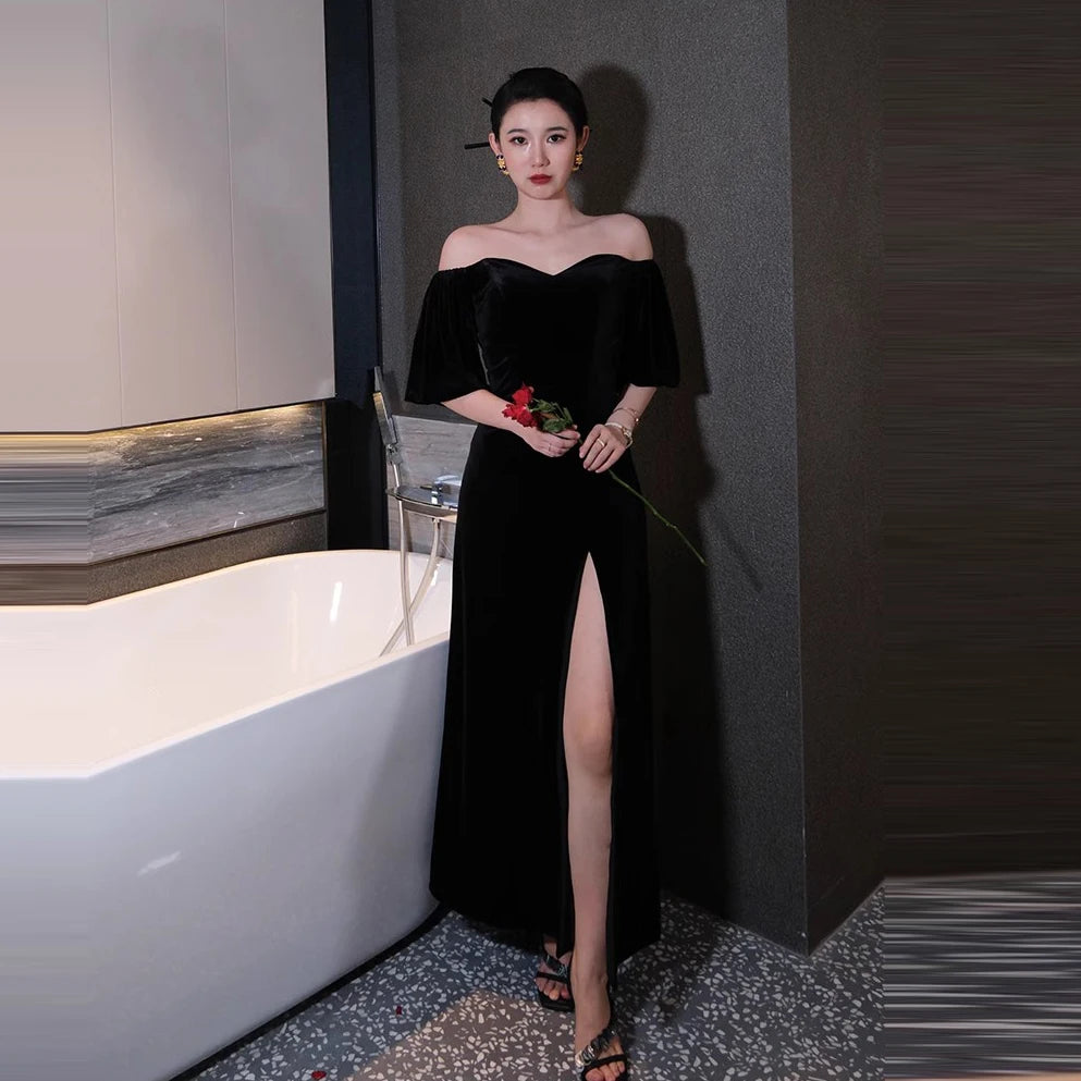 Evening dress Women New wedding Party Dresses Maxi Long Dress Elegant Dress short-sleeve formal dress with black slit dress