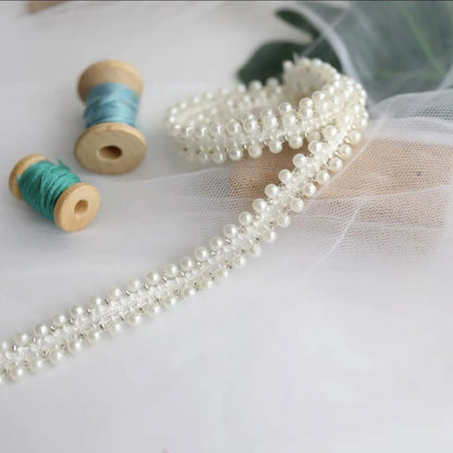 1 Yard White Pearl Beaded Lace Trim Ribbon Fabric Clothes Decoration Wedding Dress Collar Sleeve Lace Applique DIY Crafts