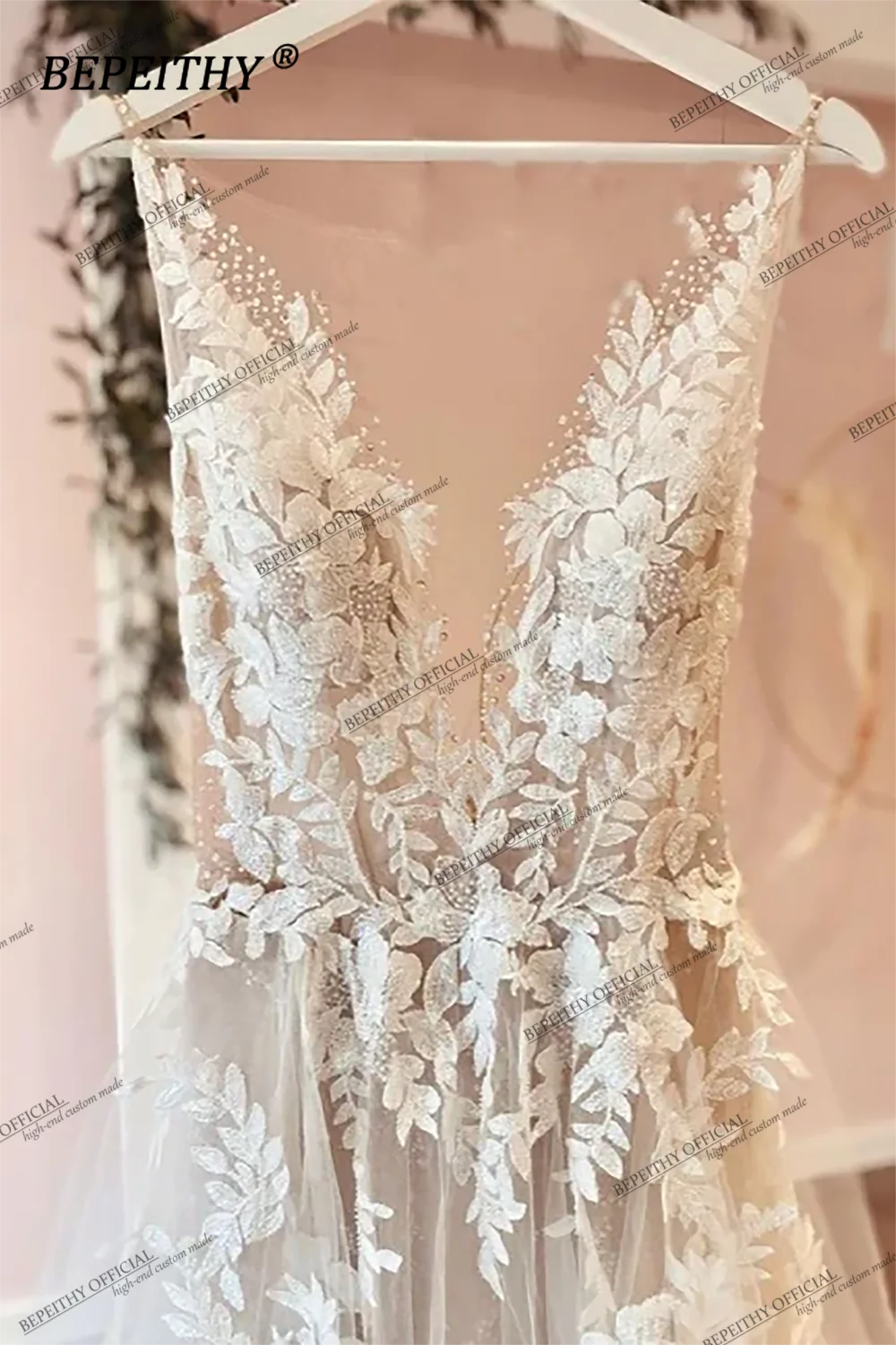 BEPEITHY Vestidos de fiesta de boda románticos de encaje con escote redondo para novia sin mangas en forma de A hasta el suelo sin espalda para mujer Vestido de novia blanco bohemio