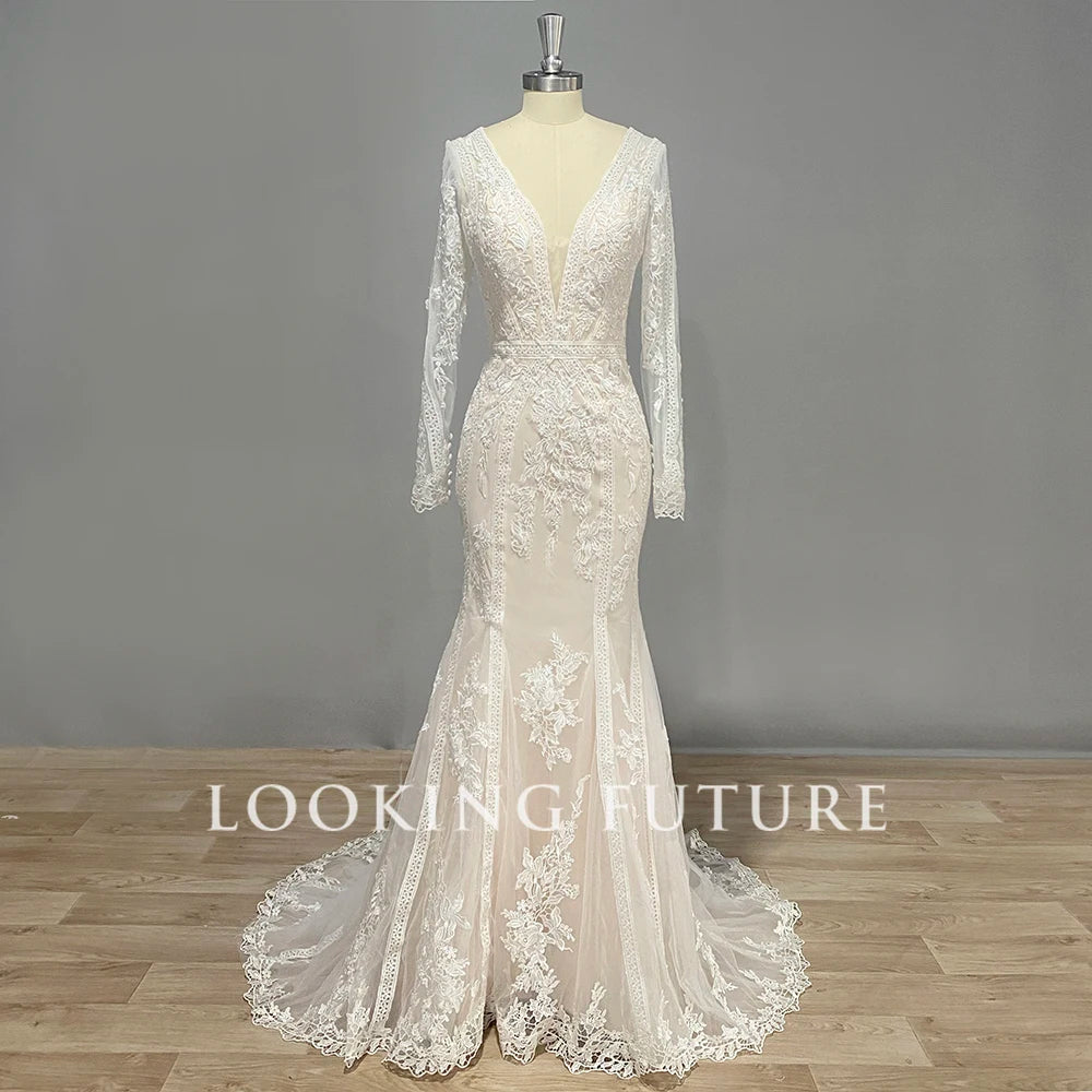 Modern Lace Mermaid Wedding Dress Long Sleeve V-Neck Sexy Illusion Back Bridal Gown Sexy Deep V Neck Vestidos De Novia Modernos