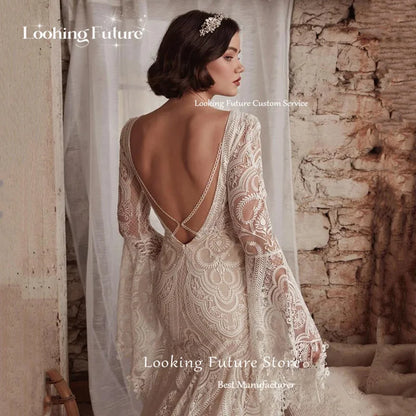 Boho Mermaid Wedding Dresses Long Sleeve Pleat Sexy Lace Illusion Bridal Gowns V-Neck Backless Zipper Sweep Train Vestidos 2024