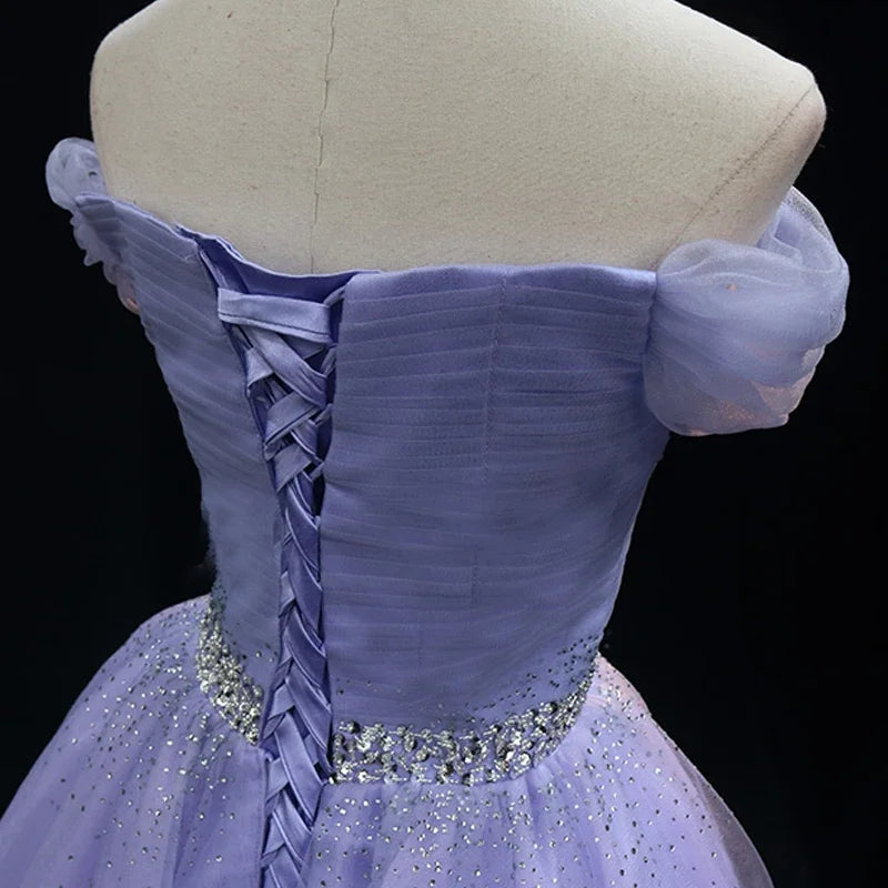 Robe de soirée violette en tulle avec plis et perles, épaules dénudées, lacets, coupe trapèze, longueur genou, lacets, grande taille, robes de soirée pour femmes B2206